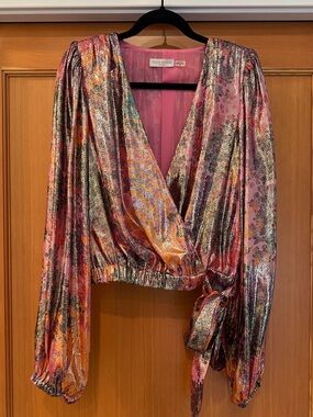 Ramy Brook Metallic Floral Wrap Top in Pink and Gold